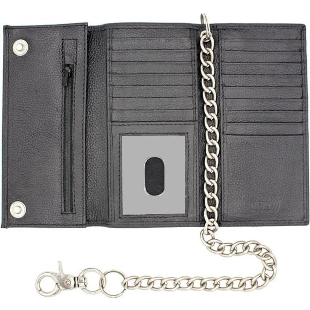 Long Trifold Chain Wallet for Men, Leather Checkbook Cover, RFID Blocking chain